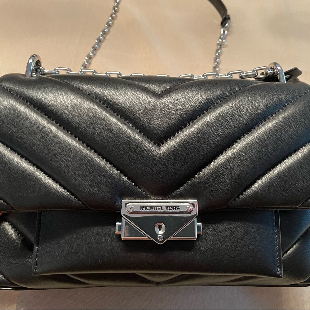 Michael Kors Cece in Black Chevron Leather with Chain Shoulder Strap